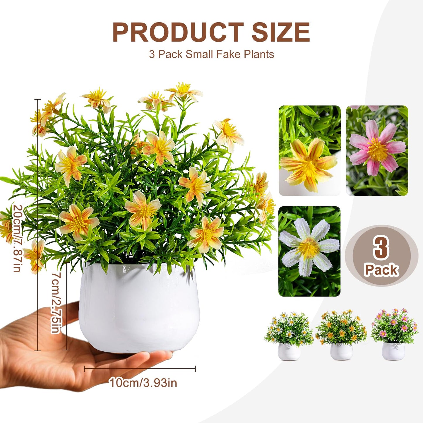 Yarmare 3 Pack Small Fake Plants Artificial Potted Flowers for Indoor Mini Faux Plants with Flowers Greenery for Home Decor Living Room Bathroom Bedroom Office Table Shelf (White+Pink+Yellow)