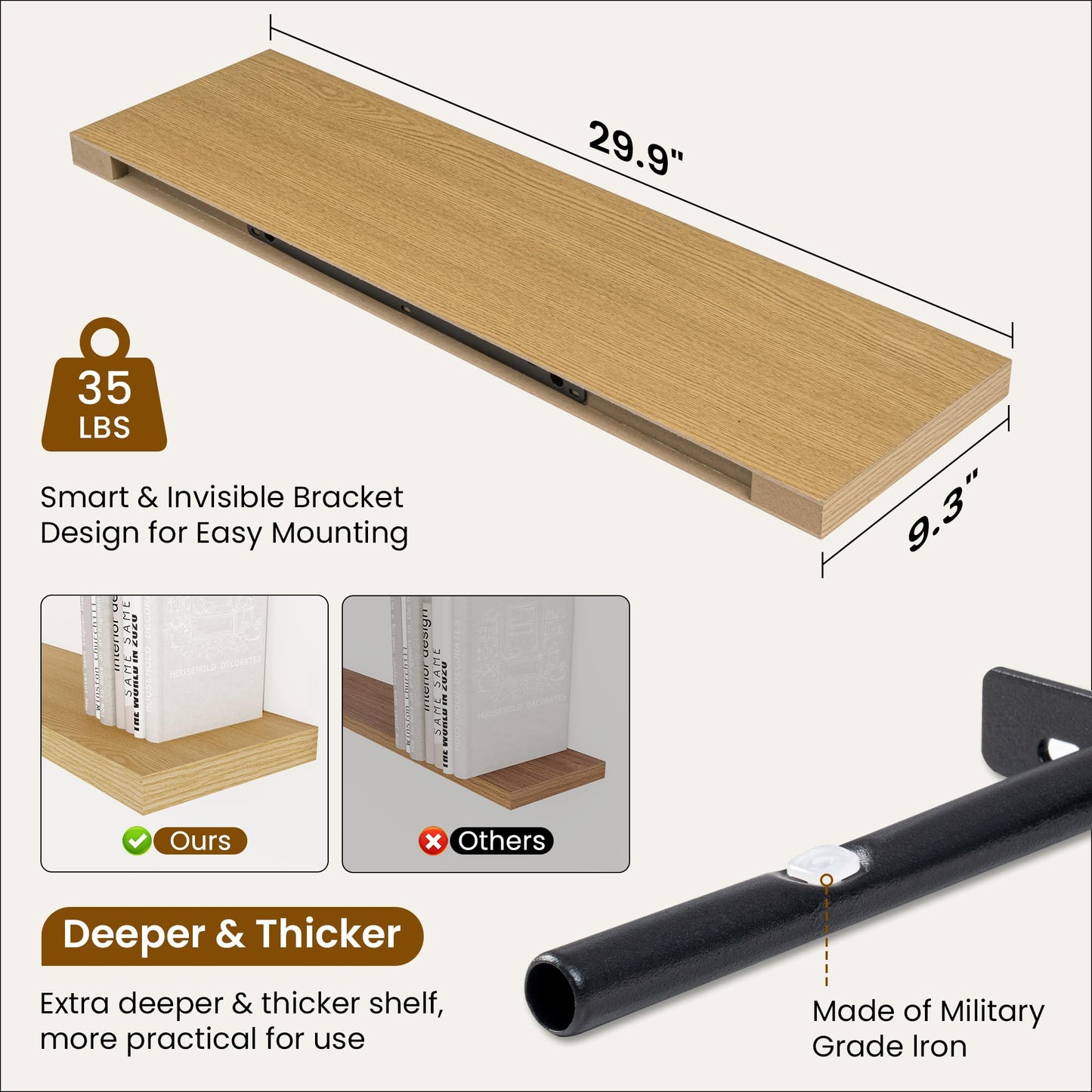 Fun Memories 9.3Inch Deep Floating Shelves for Wall, 30 Inch Rustic Wood Wall Mounted Shelves for Bathroom, Bedroom, Kitchen, Deep Floating Shelf for Storage & Home Decor (Oak, Set of 2)
