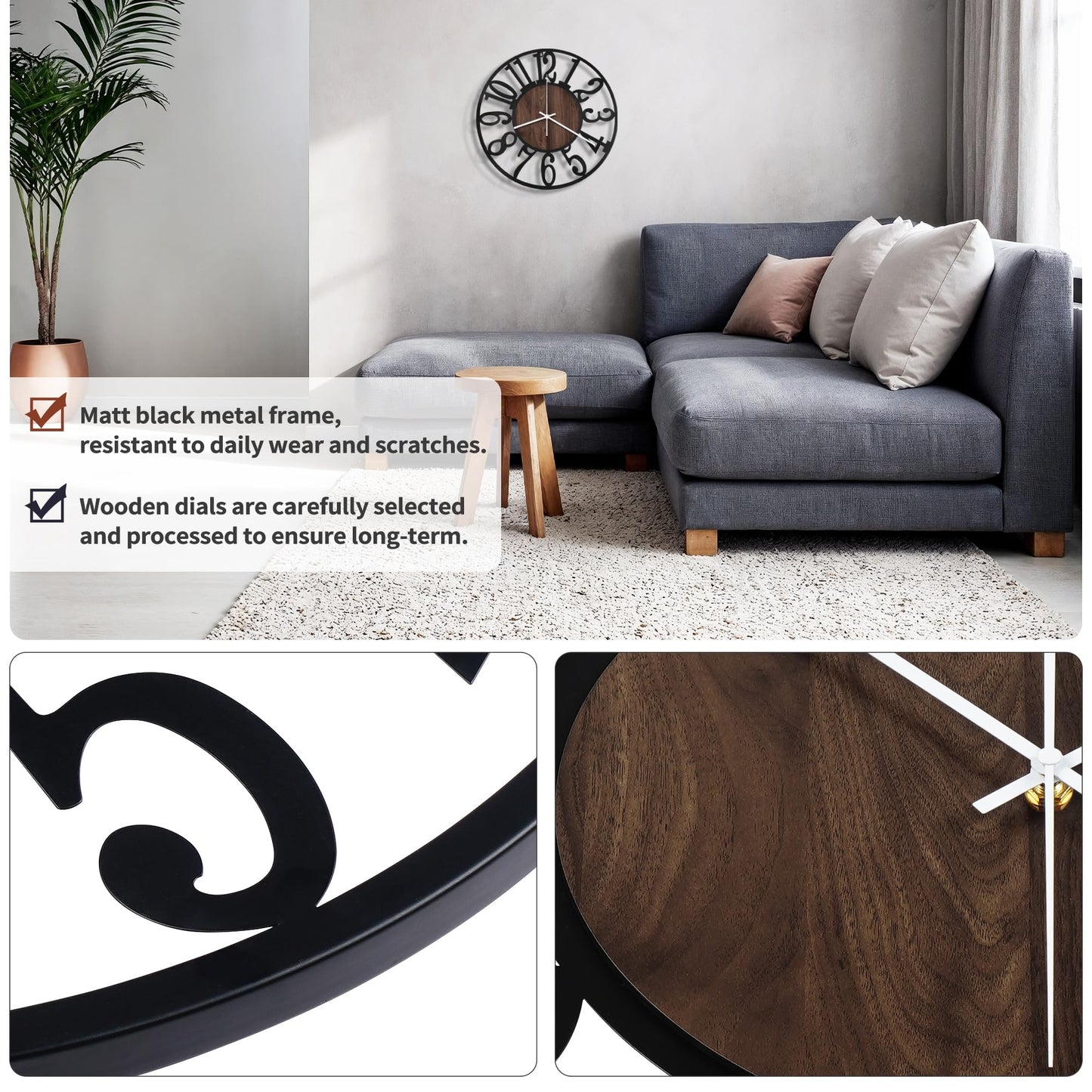 Maxstar Wall Clock Battery Operated,Silent Non-Ticking Modern Rustic Metal Round Clocks Small for Living Room/Bedroom/Office/Kitchen/Farmhouse Home Decor-14 Inch(Brown-Wood)