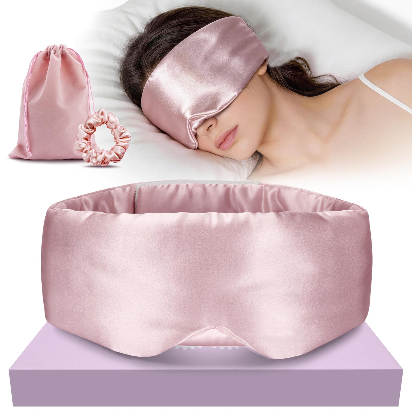 NUOJIA Silk Sleep Mask 22 Momme 100% Mulberry Silk & 3.5cm Silk Hairband Set for Side Sleeper Women Men,Light Blocking Nose Pad, Adjustable Silent Strap,Eye Mask fo Home & Travel Use (Pink)