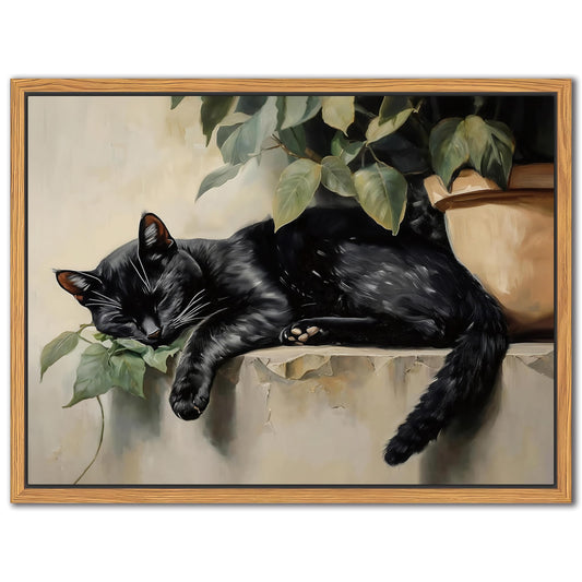 Floating Framed Black Cat Canvas Wall Art, Lazy Cute Cat Wall Decor Paintings, Vintage Animal Plant Prints Poster, Rustic Aesthetic Home Decor for Living room Bedroom Bathroom 12x16 inch