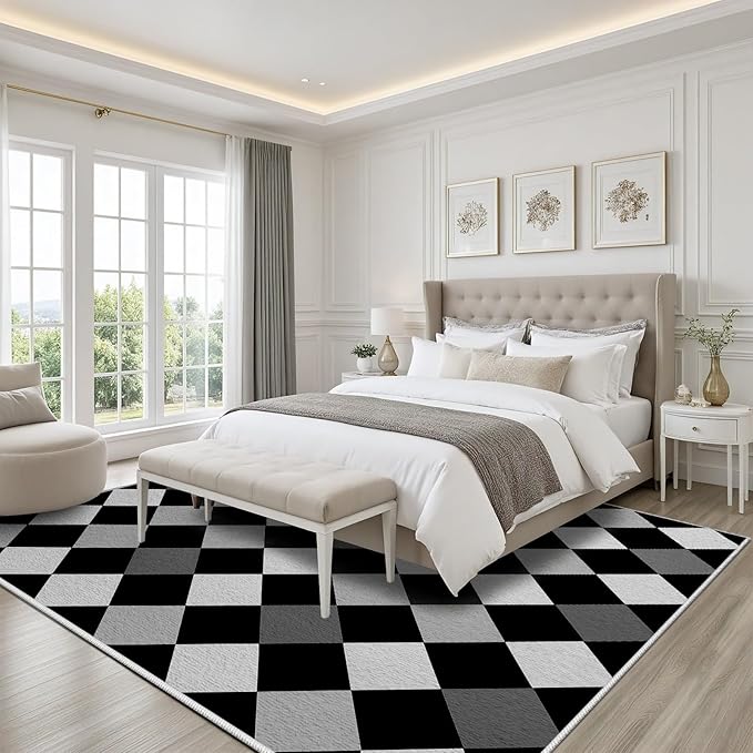 Black and White Rug 6x8, Rhombus Geometric Soft Ultra Soft Faux Wool Low Pile Rug, Indoor Floor Mats Carpet, Non-Slip Stain Resistant Washable Rugs, Modern Abstract Checkered Rugs for Living Room