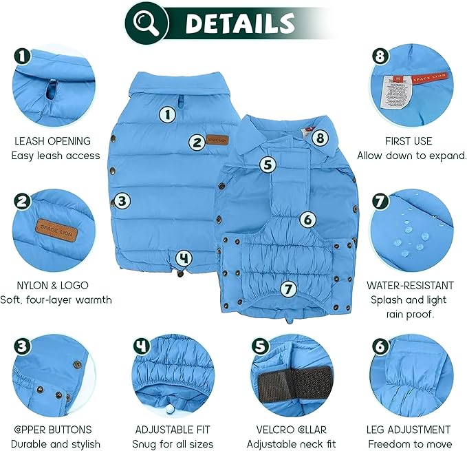 SPACE LION Dog Puffer Jacket, Down Winter Coat, Durable Outdoor Coat for Cold and Windy Conditions, Lightweight & Adjustable Fit Coats for Small Dogs, (Alaskan Blue, Size 10 Gift Box)