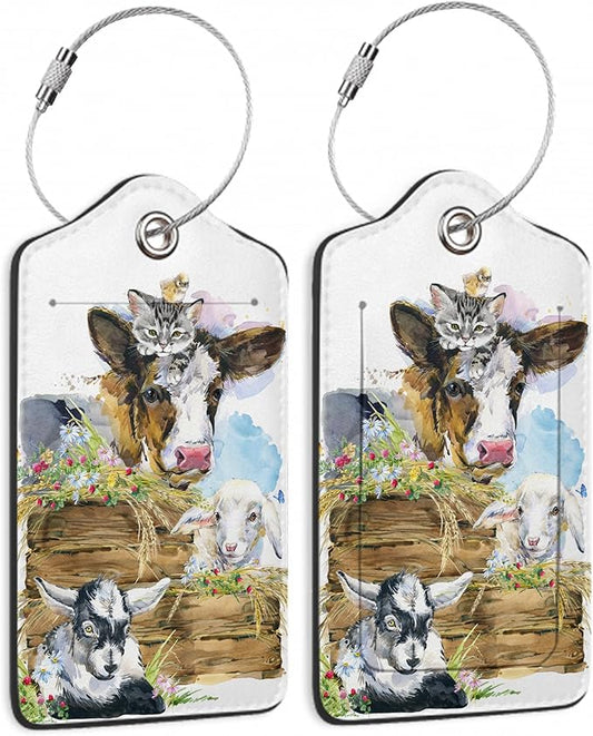 2 Pack Luggage Tags for Suitcases Cute Cow Cat Chicken Sheep Luggage Tag,Leather Stainless Steel Loop Label Tag for Men Women Travel Bag Suitcase