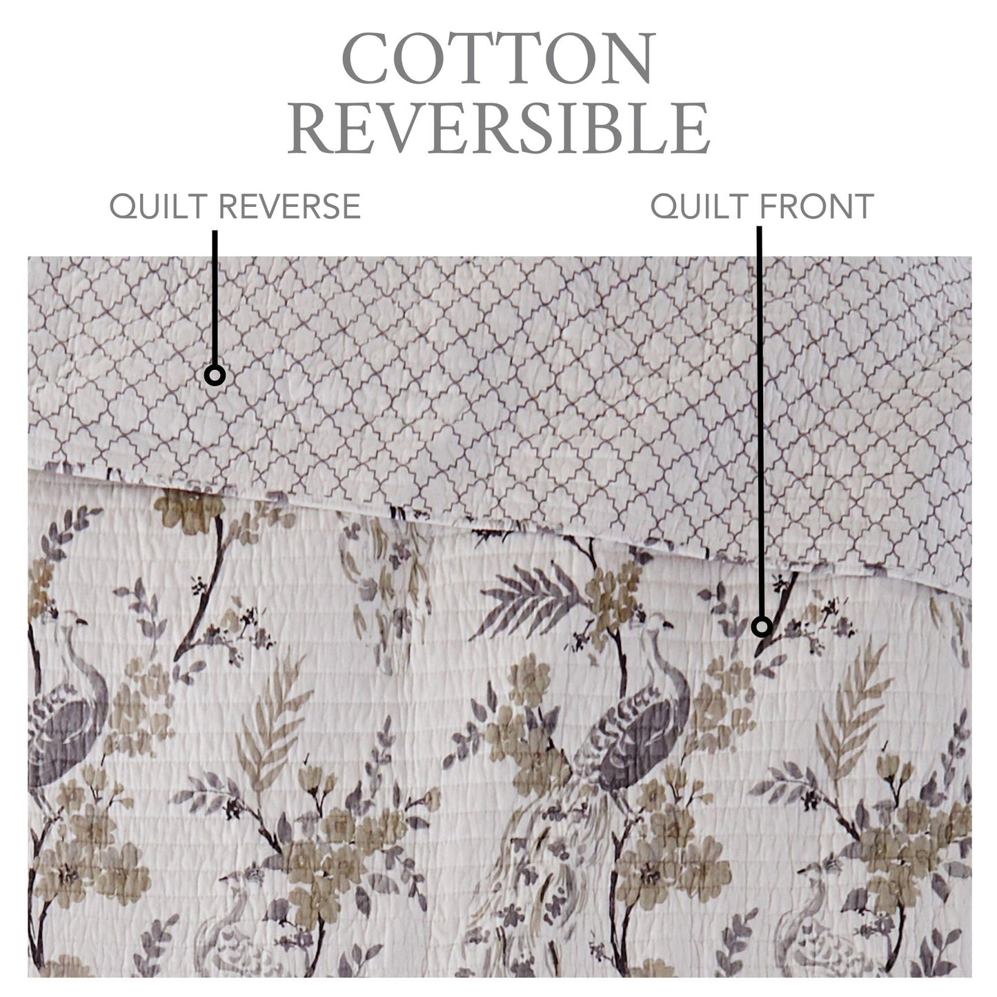 Levtex Home Pisa Reversible King/Cal King Quilt Set (106x92in) with 2 Pillow Shams (36x20in) - Floral Peacock - Grey, Taupe - 100% Cotton King Size Quilt Bedding Set - Lightweight, Soft, Pre-Washed