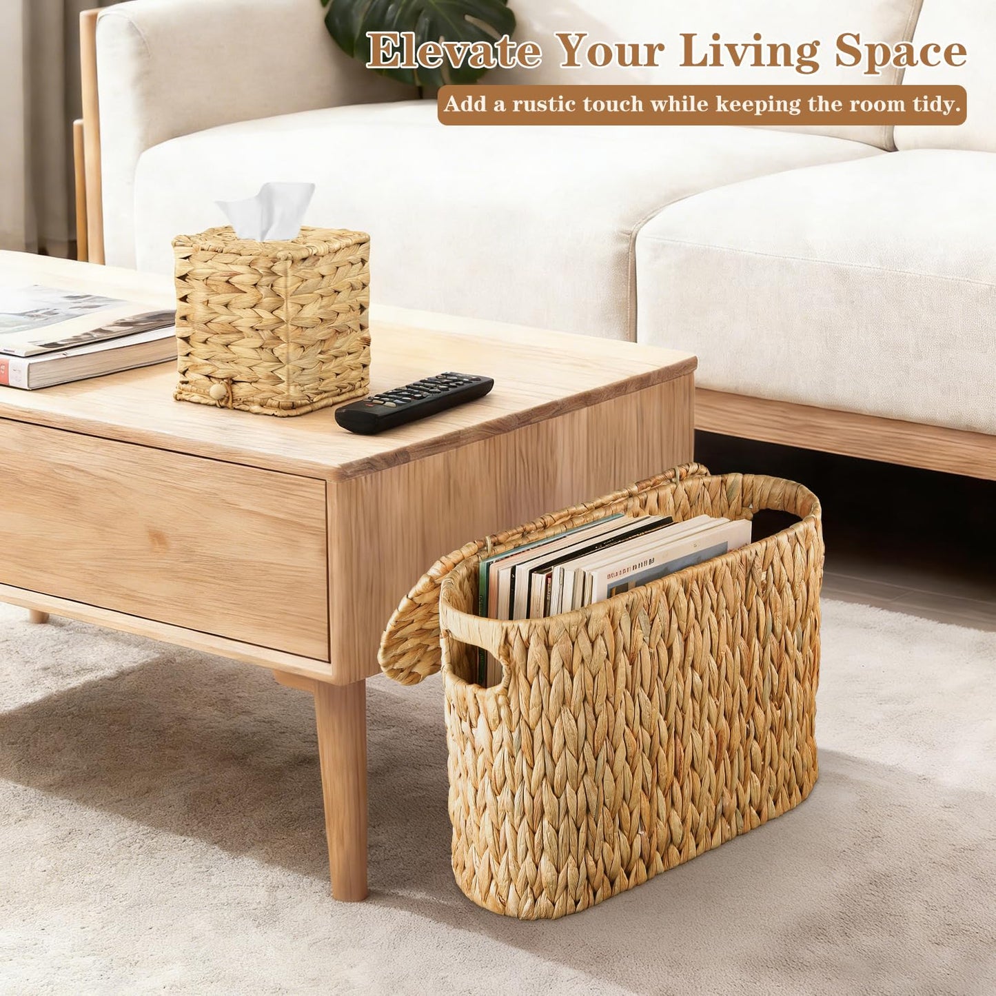 BIBELUN 2-Piece Water Hyacinth Bathroom Storage Basket Set, Hand-Woven Wicker Slim Toilet Paper Holder with Lid for 6 Mega Rolls, Square Tissue Box Cover, Decorative Rustic Boho Basket for Organizers