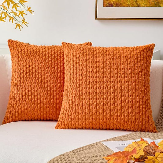 Kevin Textile Fall Pack of 2 Corduroy Decorative Throw Pillow Covers 18x18 Inch Soft Boho Striped Pillow Covers Modern Farmhouse Home Decor for Spring Sofa Living Room Couch Bed Orange