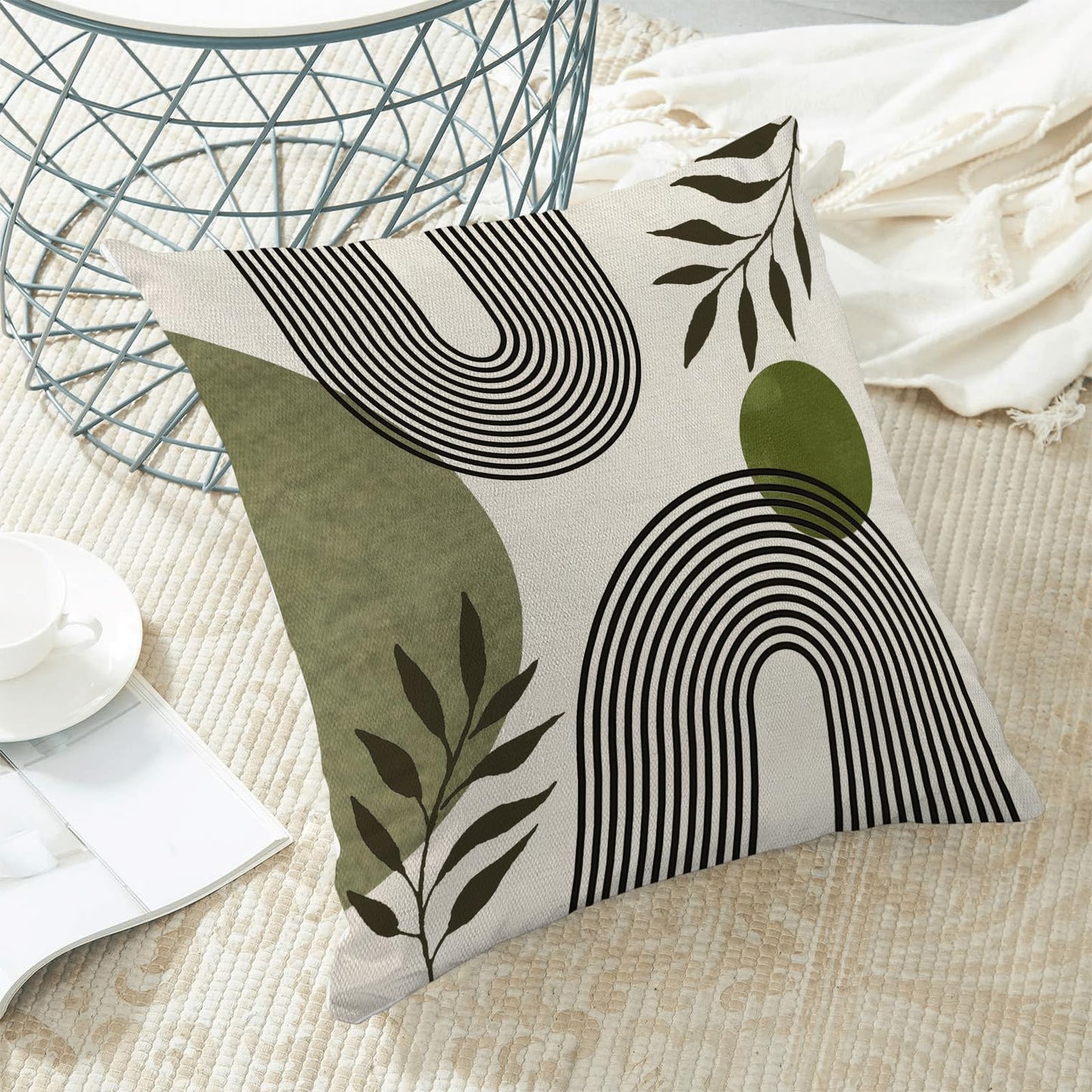 Boho Summer Pillow Covers 18x18 Inch 2 Pcs, Sage Green and Tropical Leaf Outdoor Decorative Throw Pillows, Mid Century Abstract Art Farmhouse Decor Pillowcase Linen Cushion Cover for Couch Sofa