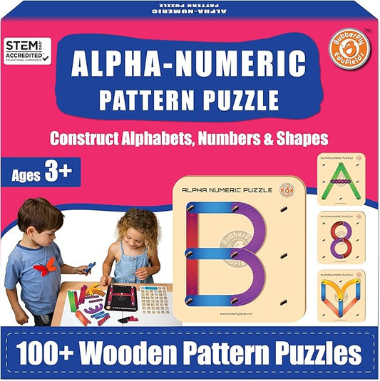 Butterfly EduFields Wooden Alphabet Puzzle Set for Kids | Montessori Educational Toy for Ages 3-5 | ABC Letters, Numbers & Shapes | Early Learning & Fine Motor Skill Development