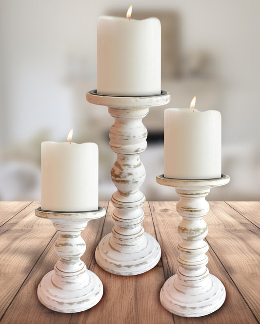 Large Candle Holders for Pillar Candles (3 Piece Set) Tall Rustic Wood Farmhouse Pillar Candlestick Stands - Fits 4 inch inch Wide Pillar Candles - Modern Candle Holder Decor (Antique White)