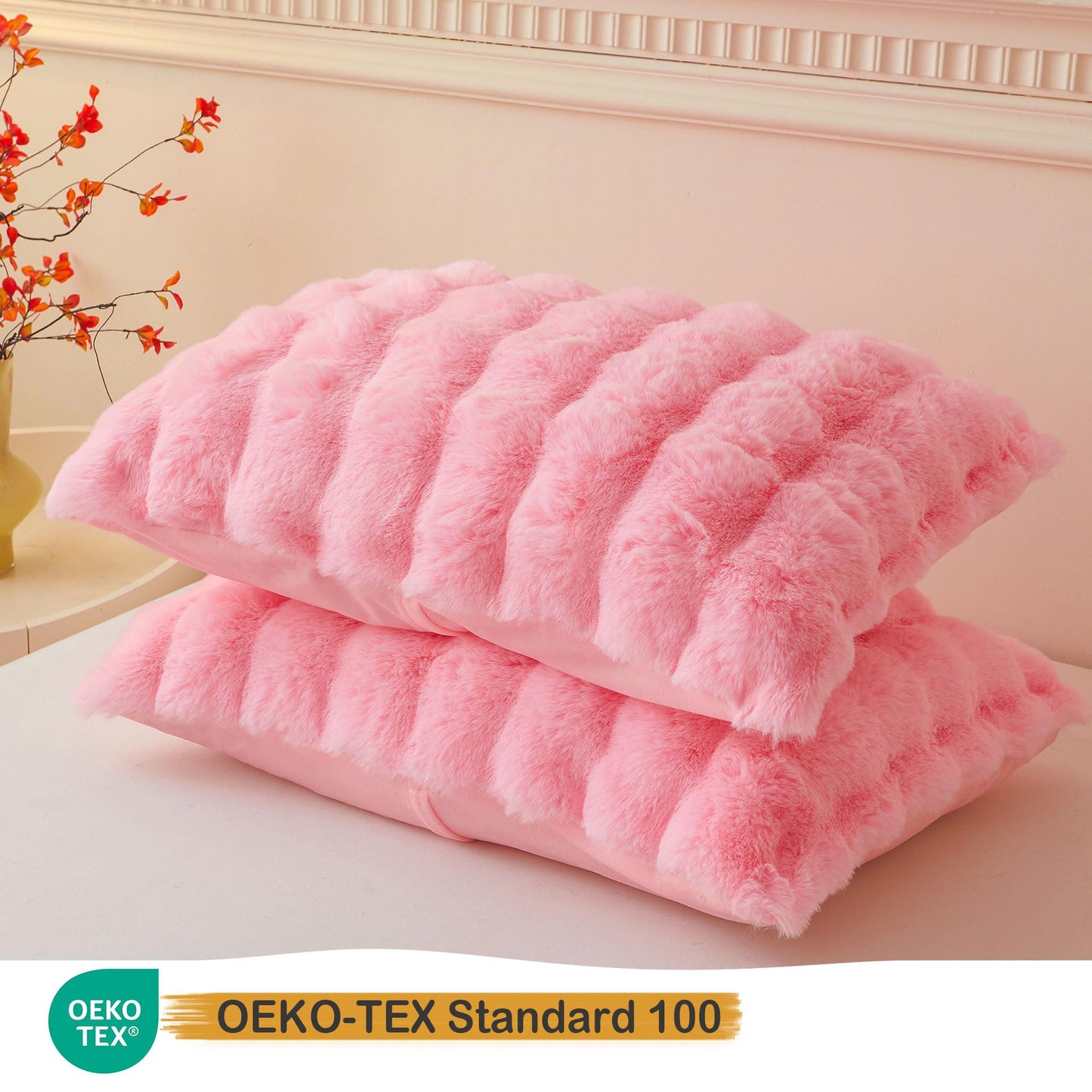 LIFEREVO Pack of 2 Fluffy Faux Rabbit Fur Pillowcases, Elegant Cute Plush Shaggy Bubble Bed Pillow Cases Standard Size with Zipper Closure, Home Decorative Furry Fuzzy Long Pillow Shams 20x26, Pink