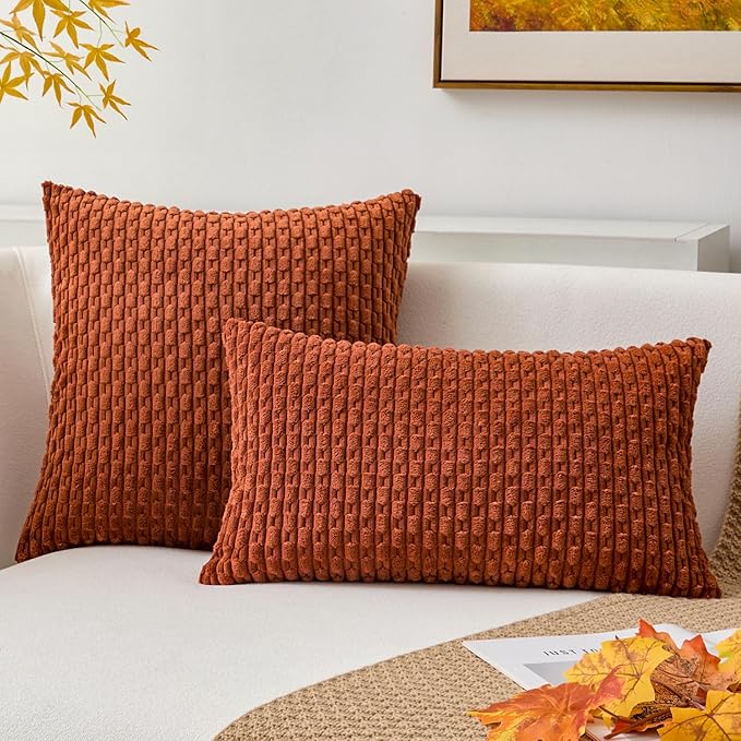 Kevin Textile Fall Throw Pillow Covers Soft Corduroy Decorative Set of 2 Boho Striped Pillow Covers Pillowcases Farmhouse Home Decor for Couch Bed Sofa Living Room 16x16 Inch Rust Brown