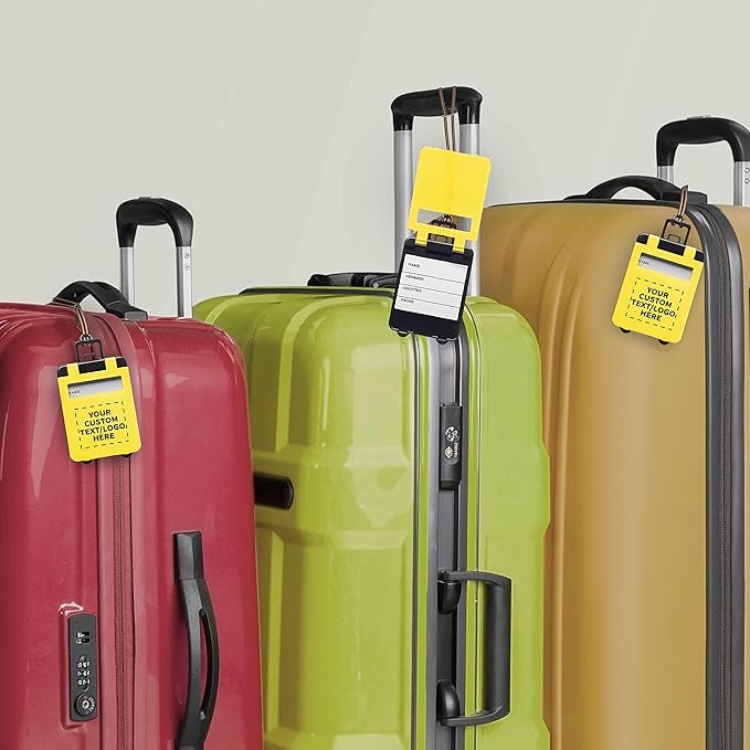 10 Mini Carry-on Luggage Tags Pack - Customizable Text, Logo - Flip Open Cover, ID Sticker - Yellow