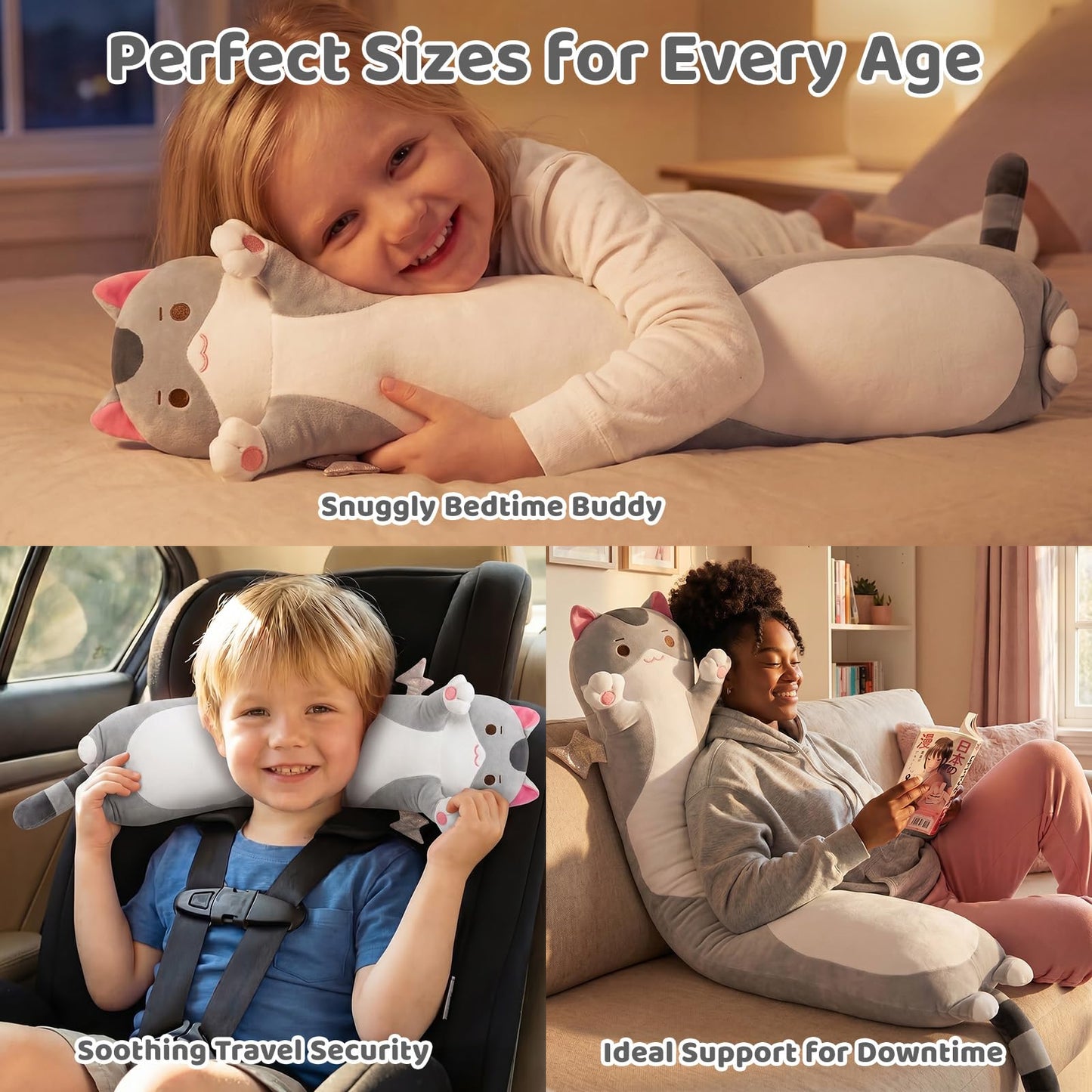 Mewaii 20” Long Cat Plush 5 Sizes, 120% Extra Filling Giant Plushness Kids Body Pillow, Kawaii Cute Grey Cat Stuffed Animals Plushies, Big Long Body Pillow Cat Plush Gift for Girls 20”