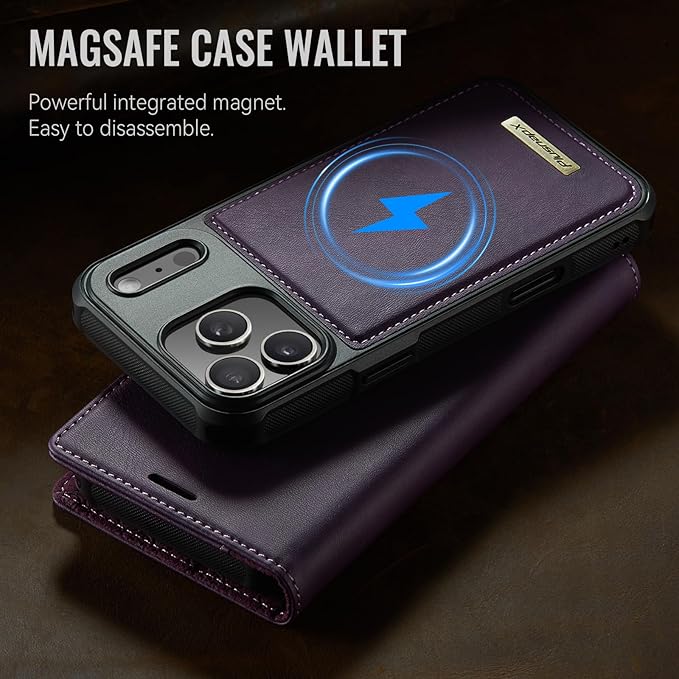PlusnapX Wallet Case for iPhone 17 Pro Compatible with Magsafe, 2-in-1 PU Leather Flip RFID Blocking Card Holder Stand Shockproof Magnetic Detachable Cover for iPhone 17 Pro Case 6.3", Retro Purple