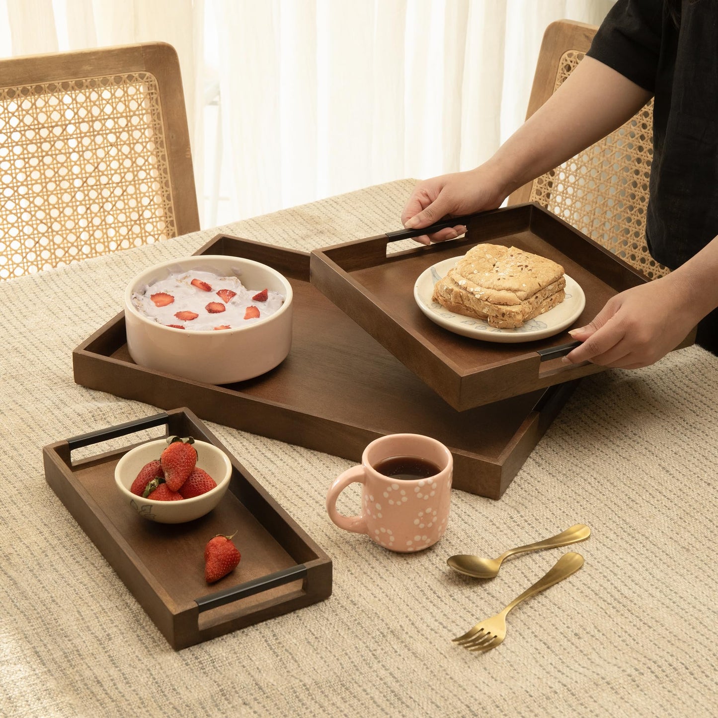 Ellementry Wooden Serving Tray Set – Decorative Tray for Coffee Table, Kitchen & Dining, Serving Platters, Breakfast & Snack Tray
