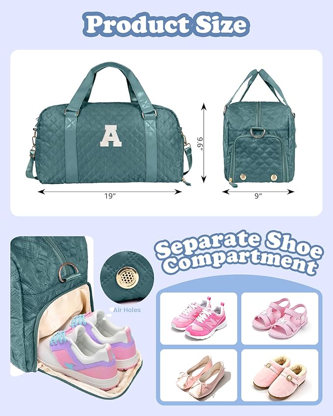 Elilier Initial Duffle Bag for Travel Women Girls Gift: Personalized Weekender bags, Dance Cheer bag Sports for Girl, Kid Gymnastics Bags, Birthday Gifts for Women Girls Kids Teens Mom Teacher