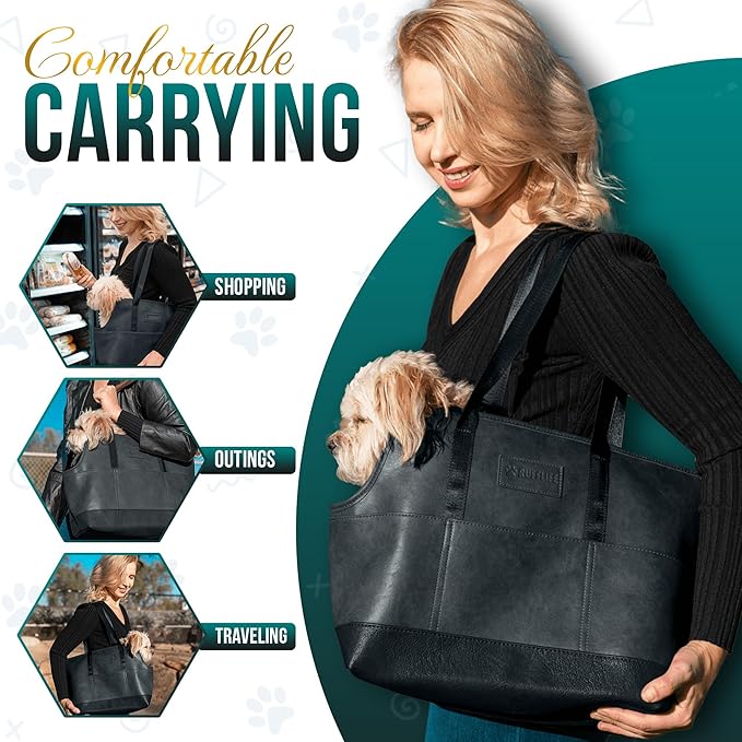 Faux Leather Dog Carrier for Small Dogs, Water-Resistant Designer Dog Purse with Safety Harness, Fashion Pet Carrier for Dogs 5-15 lbs, Luxury Dog Shoulder Carrier, Woven Black