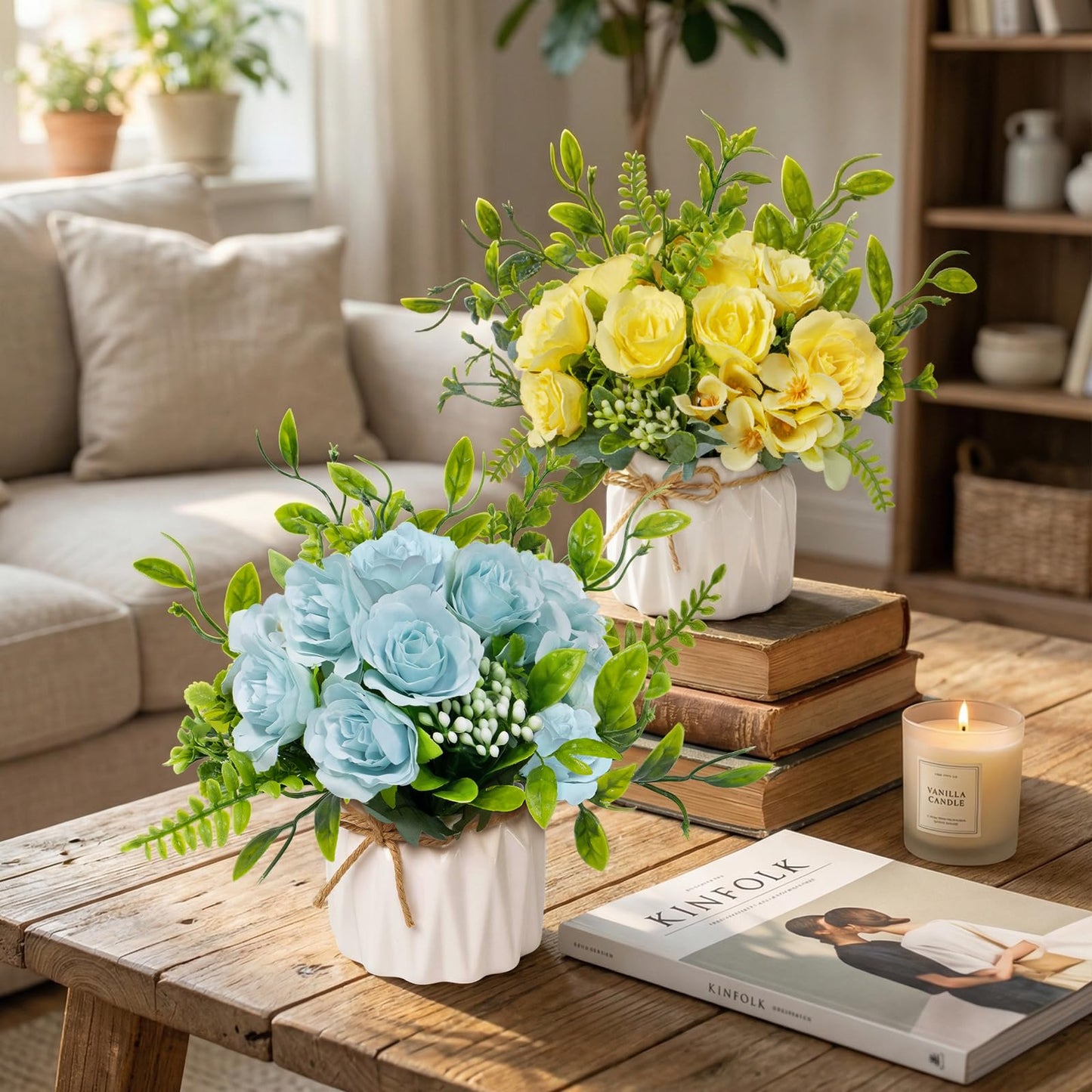 Mandarooker Yellow Artificial Silk Roses with Ceramic Vase, No Maintenance Faux Flower Arrangement, 6.3 Inch Realistic Table Decor for Home Office Wedding