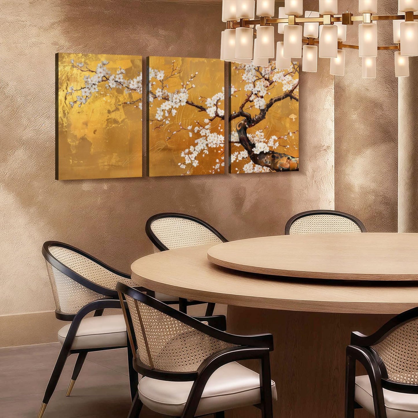 3 Pcs Framed Japanese Golden Plum Blossom Flower Wall Art Decor Canvas Print Picture Traditional Woodblock Print Style Farmhouse Poster Gallery Bedroom Living Room Office 16x24 Inch Ready to Hang