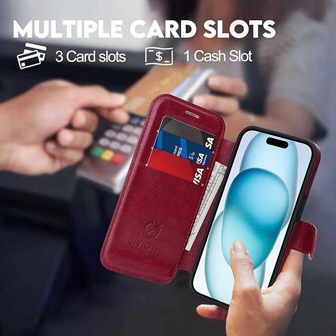 CIVICASE for iPhone 13/iPhone 14 Wallet Case with Stand,PU Leather Flip Credit Card Holder Slots (RFID Blocking),Compatible with Magsafe Magnetic Holder Phone Cover Women Men,Wine Red