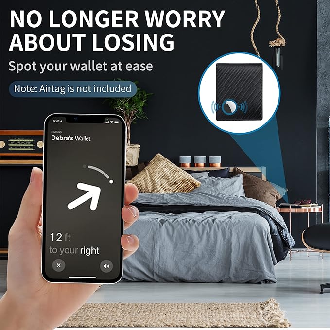 Swallowmall AirTag Wallet Mens RFID Blocking Genuine Leather Bifold Men's Wallet For air tag with 1 ID Window 13 Card Holders BlackStripe(Airtag Not included)