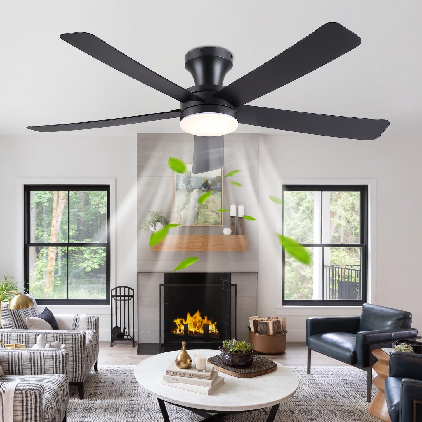 Ayaoty 46" Ceiling Fans with Lights and Remote - Black Flush Mount Ceiling Fan Light with ABS Blades and 3CCT Dimmable, Reversible, Low Profile Fan Light for Indoor Modern Bedroom, Kitchen