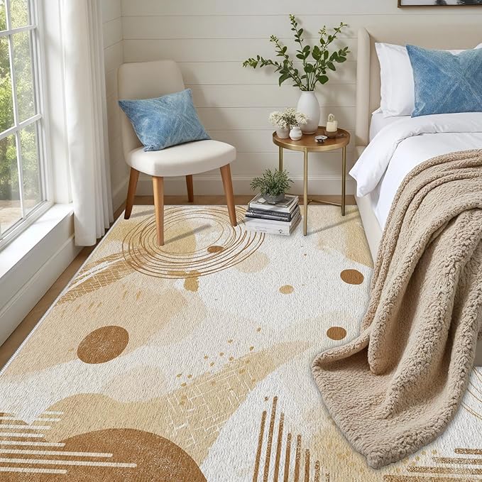 Minimalist Abstract Area Rug 5x6 Beige Boho, Modern Washable Geometric Art Carpet, Soft Non-Slip Low-Pile Carpet for Living Room, Bedroom, Kitchen, Dining Room, Pet Friendly, Non-Shedding, Brown