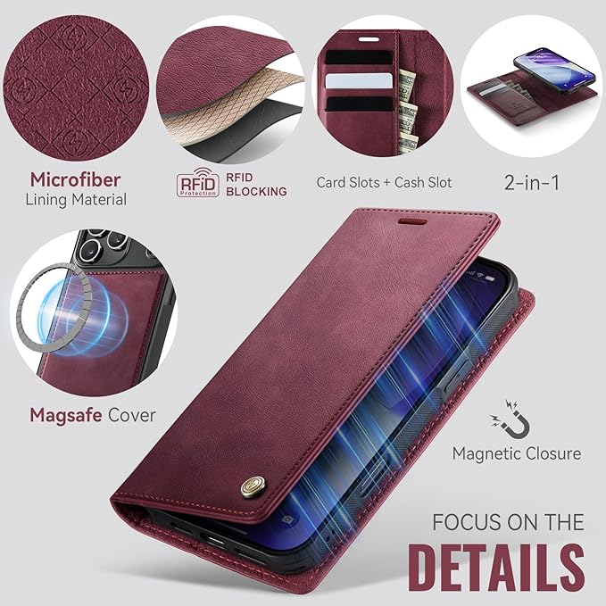 PlusnapX Wallet Case for iPhone 17 Pro Compatible with Magsafe, 2-in-1 PU Leather Flip RFID Blocking Card Holder Stand Shockproof Magnetic Detachable Case for iPhone 17 Pro Case 6.3", Burgundy