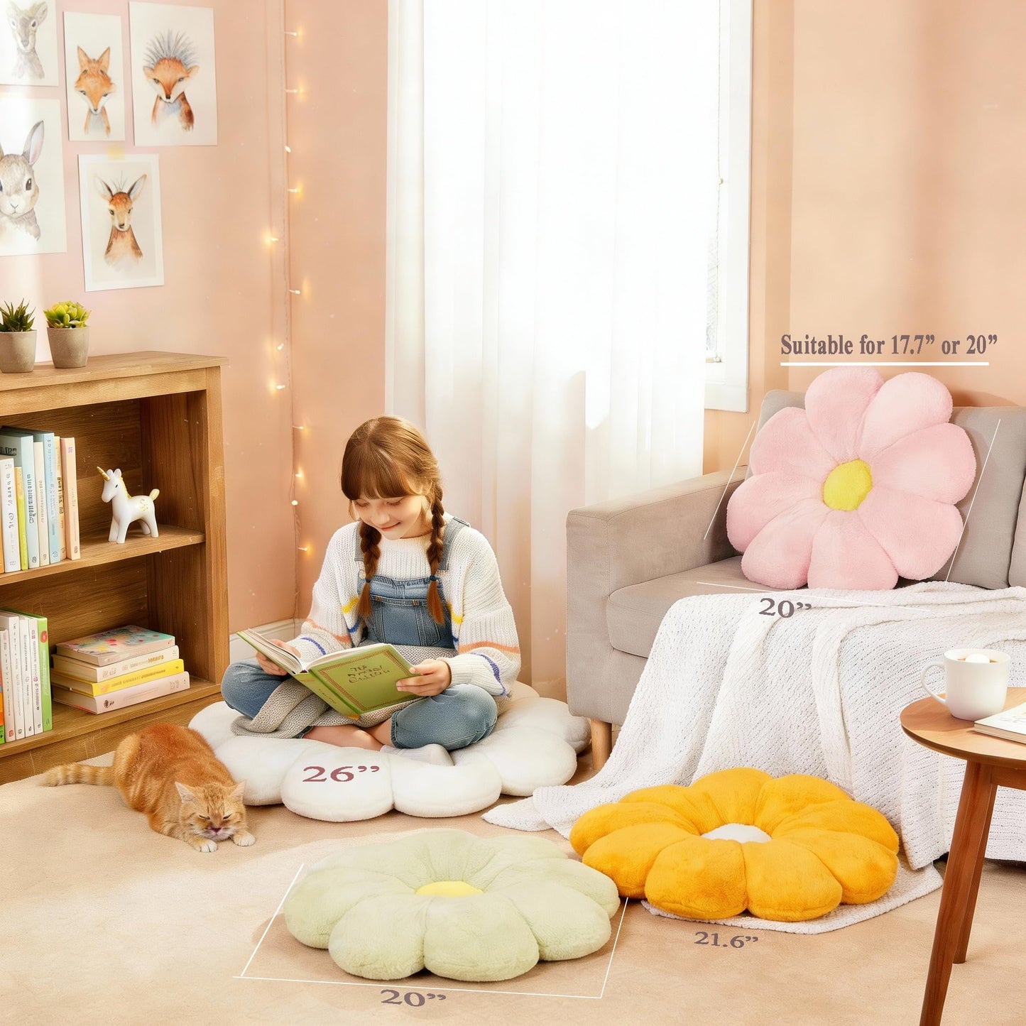 Ailive 20" Large Yellow Flower Pillow Floor Pillow Seat Cushion – Faux Rabbit Fur Plush Throw Pillow, Cozy Floor Cushion & Gift for Kids Girls Adults