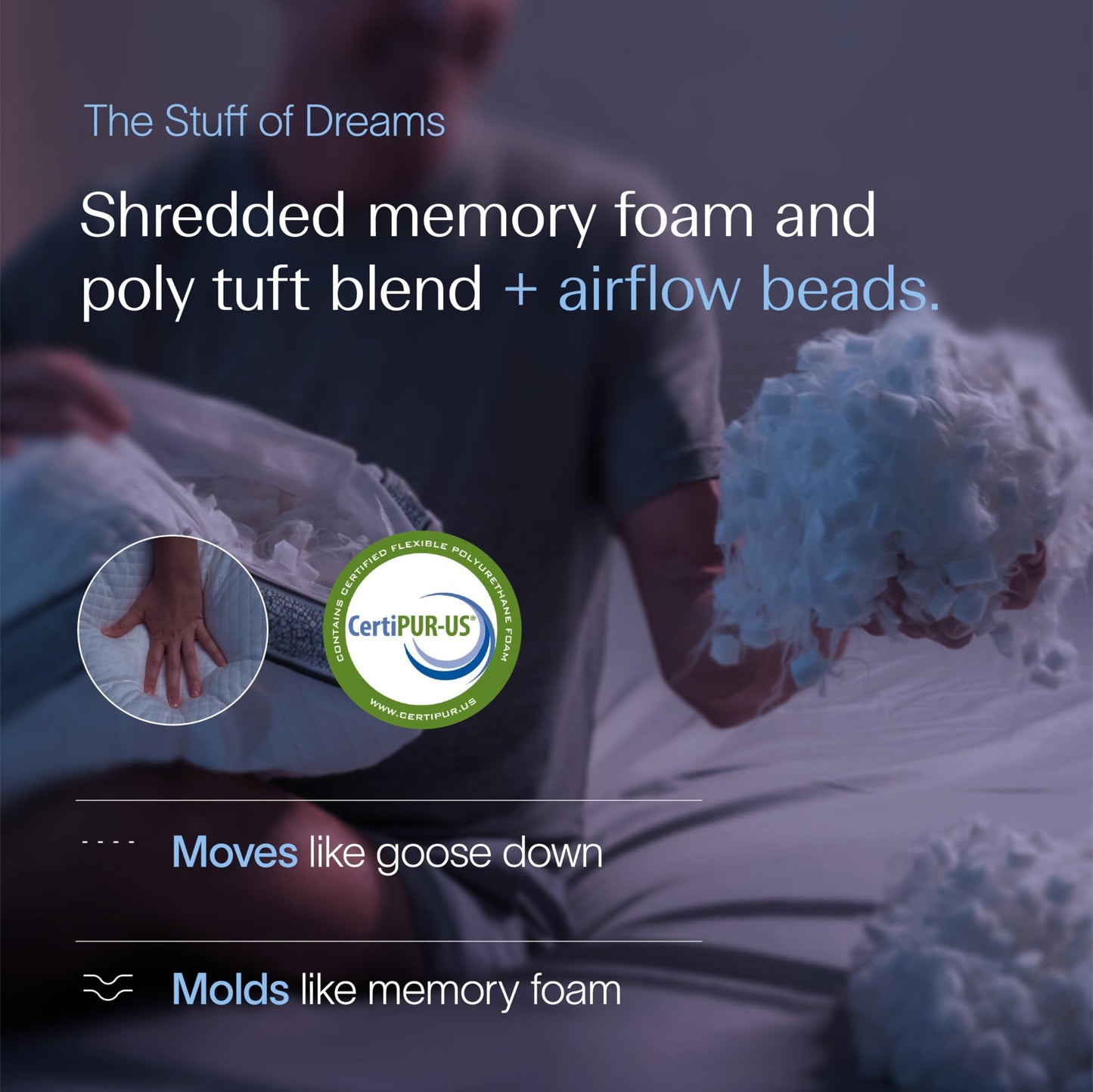 DreamyBlue Gusseted SAPPHIRE Pillow • Adjustable Loft, Luxury Cover, Shredded Memory Foam Fill w/Airflow Beads •Ideal For Wide Shoulders •Neutral Alignment for All • CertiPUR-US Certified Foam (Queen)