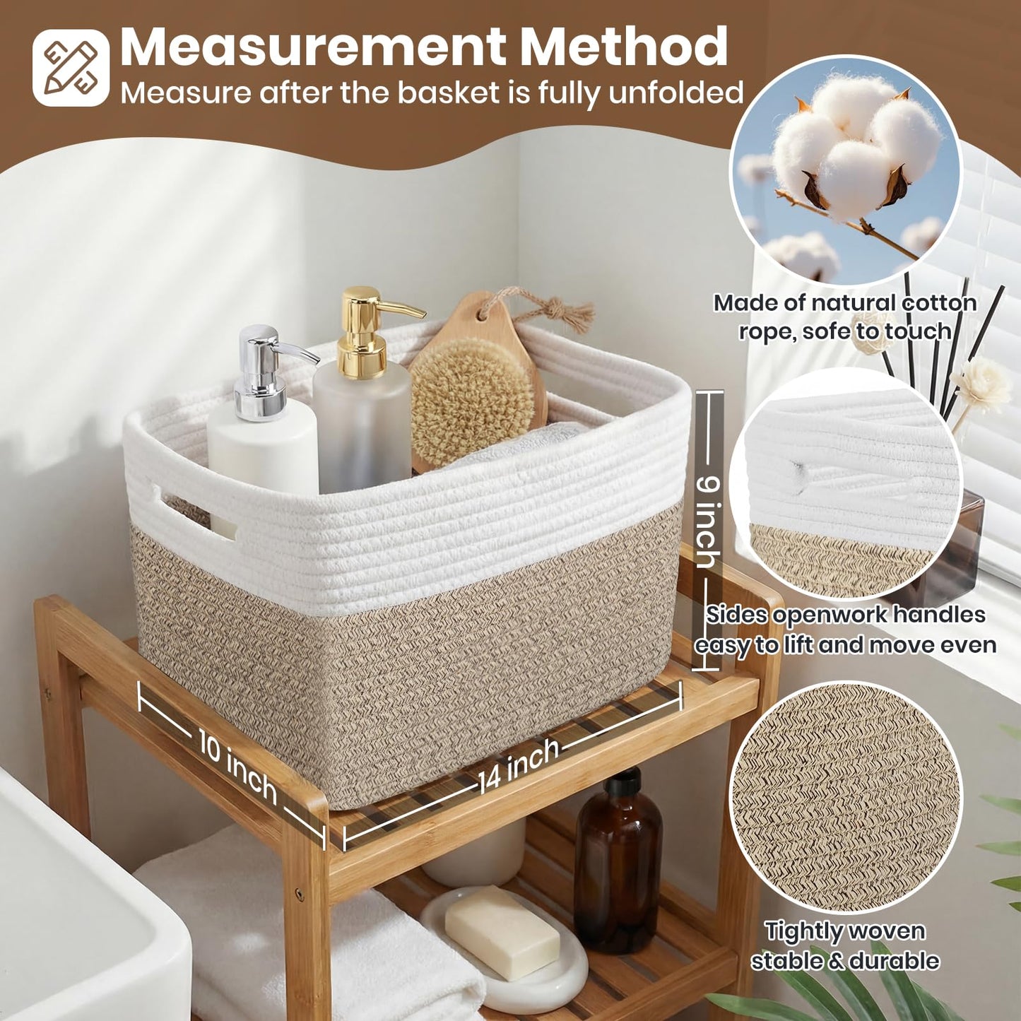 Storage Baskets for Organizing, 14 x 10 x 9” Closet Shelf Woven Baskets, Square Bins with Handles, Cotton Rope Basket for Clothes, Office, Room, White+Rice Brown 1 Pack