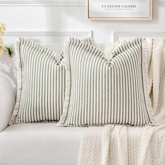 MIULEE Pack of 2 Olive Green Christmas Pillow Covers 20x20 Inch Striped Farmhouse Couch Spring Throw Pillow Covers with Fringe Chic Linen Decorative Cushion Covers for Sofa Living Room Bed Home Decor