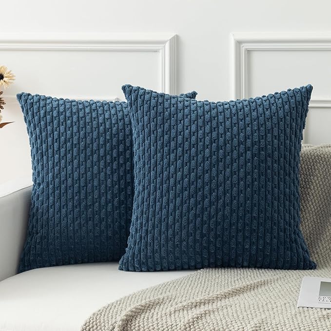 Kevin Textile Blue Throw Pillow Covers Soft Corduroy Decorative Set of 2 Boho Striped Pillow Covers Pillowcases Farmhouse Home Decor for Couch Bed Sofa Living Room 26x26 Inch
