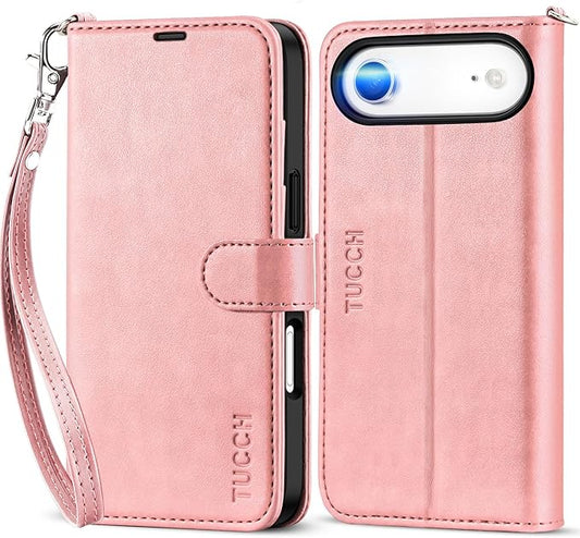 TUCCH Wallet Case for iPhone Air (6.5") 2025, Wrist Strap | 4 Card Slots | RFID Blocking | Kickstand | Shockproof TPU Shell | PU Leather | Magnetic | Protective Flip Cover | Rose Gold