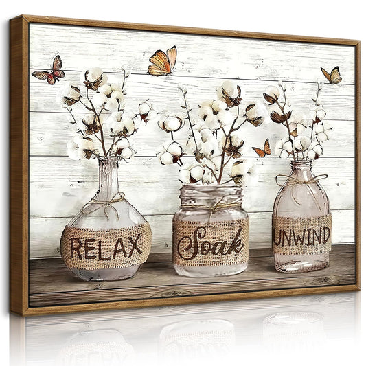 BJVJKSU Framed Farmhouse Bathroom Wall Art Brown Rustic Cotton Flower Bathroom Canvas Wall Decor Relax Soak Unwind Sign Painting Print Vintage Aesthetic Picture Artwork Decor(16x24in)