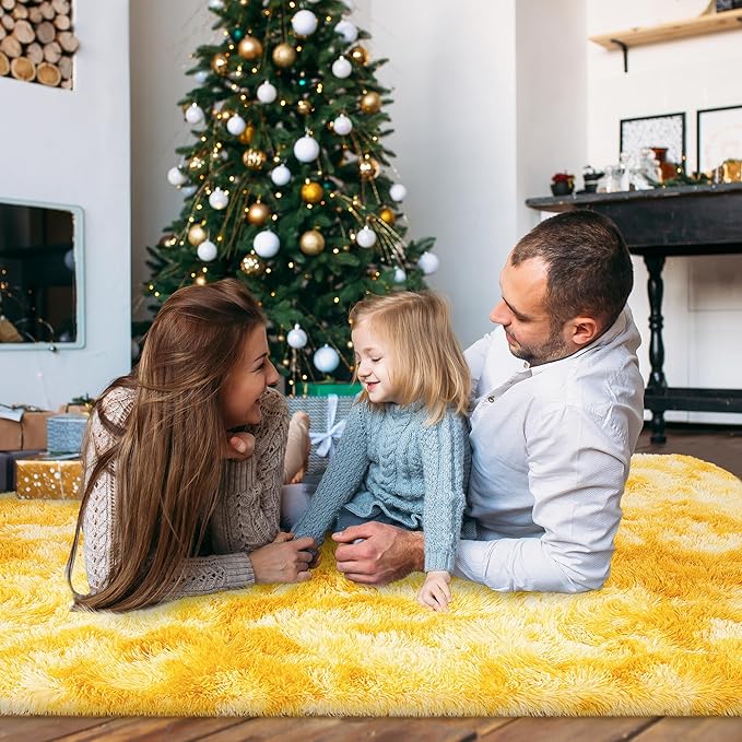 Ultra Fluffy Area Rugs for Living Room Bedroom, 6x9 Fuzzy Large Living Room Rugs, Thick Shag Rug for Dorm, Soft Non Slip Kids Girls Boys Rug for Home Decor Aesthetic, Tie-Dyed Yellow