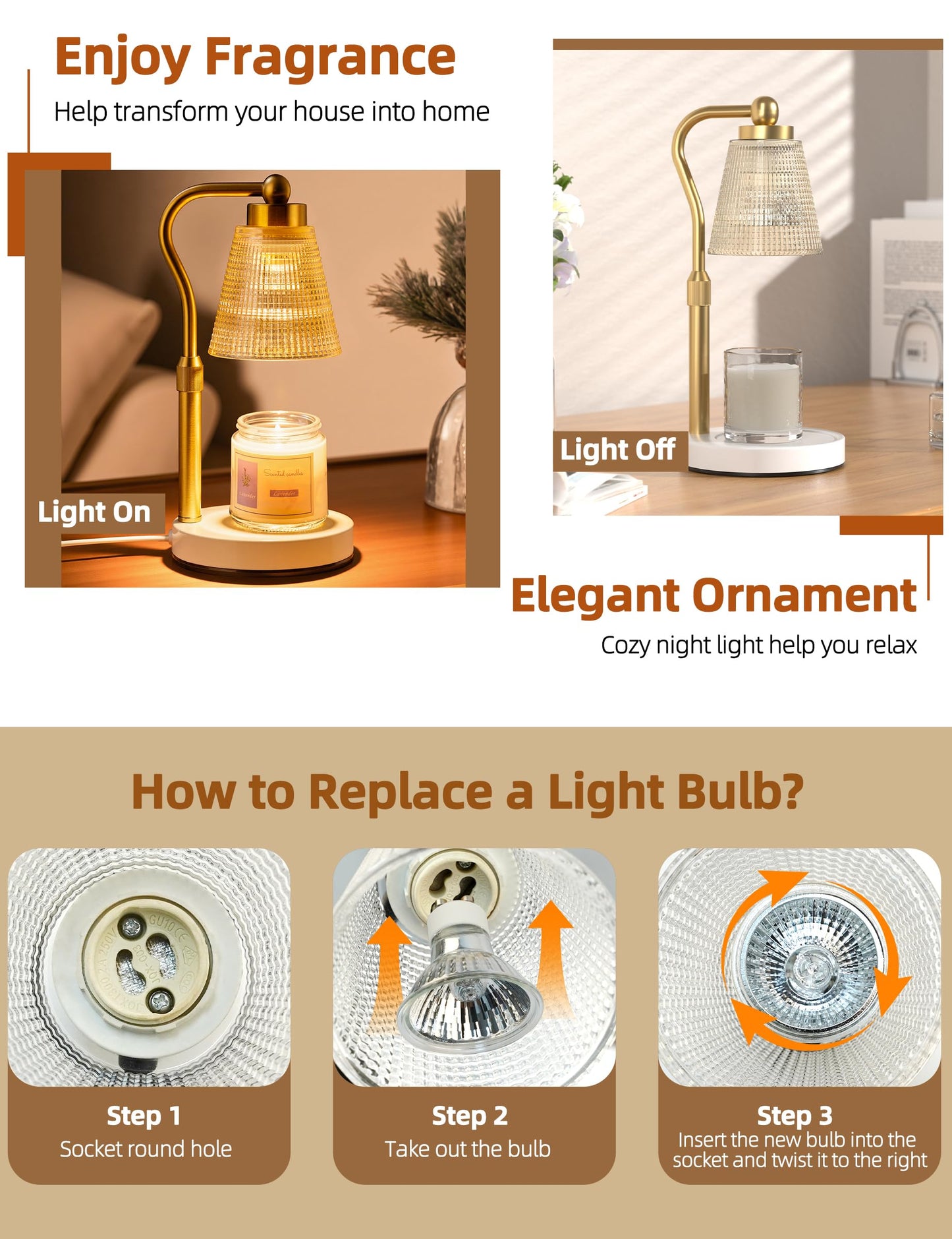 Candle Warmer Lamp for Jar Candles, Height Adjustable & Dimmable with 2/4/8H Timer, 2*50W Halogen Wax Melter Warmer for Home Office Décor, Flameless & Smokeless, Gift for Women Mom,Gold- Amber/1 Pack