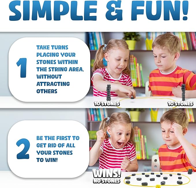 Upgraded (Multi-Level) Magnet Chess Game with String & Stones - Clear & Simple Instructions | Premium Set with 20 Larger & Stronger Stones, Adjustable Rope, 2 Dice & Travel Pouch | 5 Sets