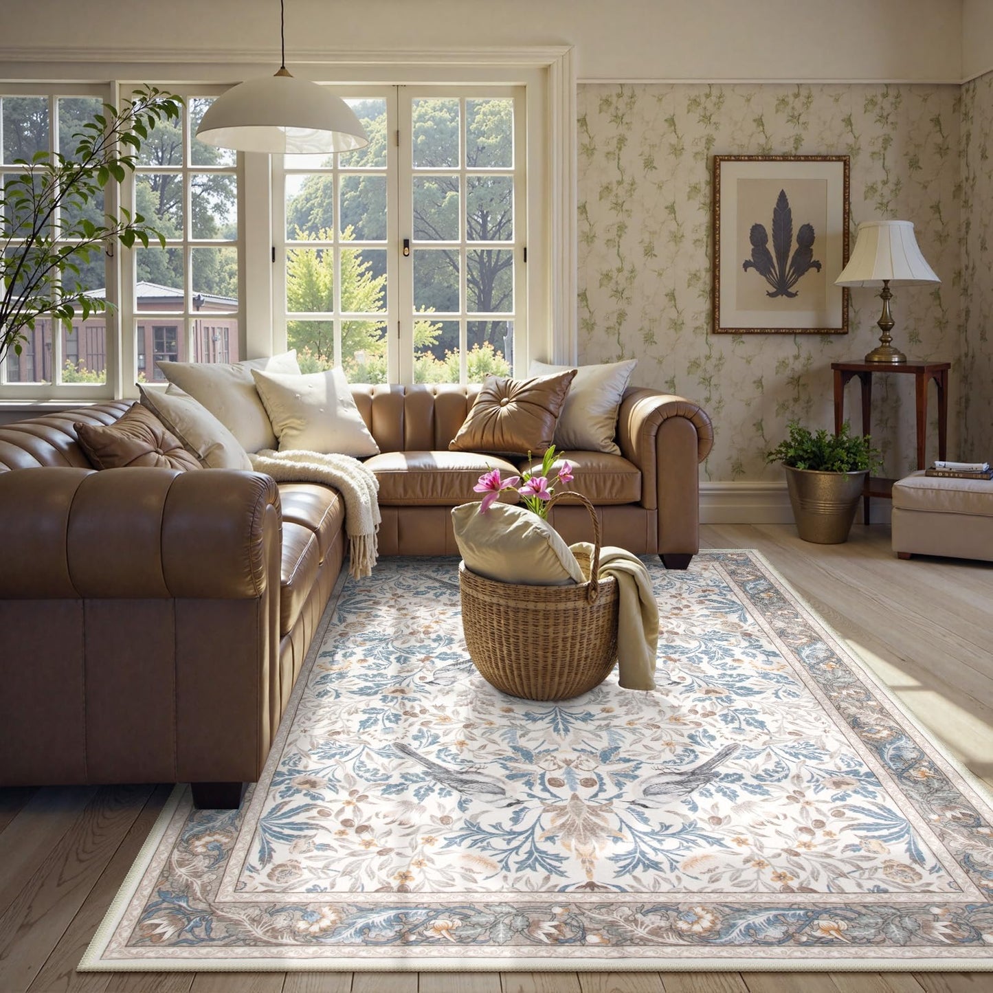 Morebes Floral Washable Area Rugs 5x7, Boho Rugs for Living Room Non Slip, Soft Indoor Floor Throw Carpet Flower Rug for Dining Room Table Bedroom Home Office Playroom Foyer, Beige