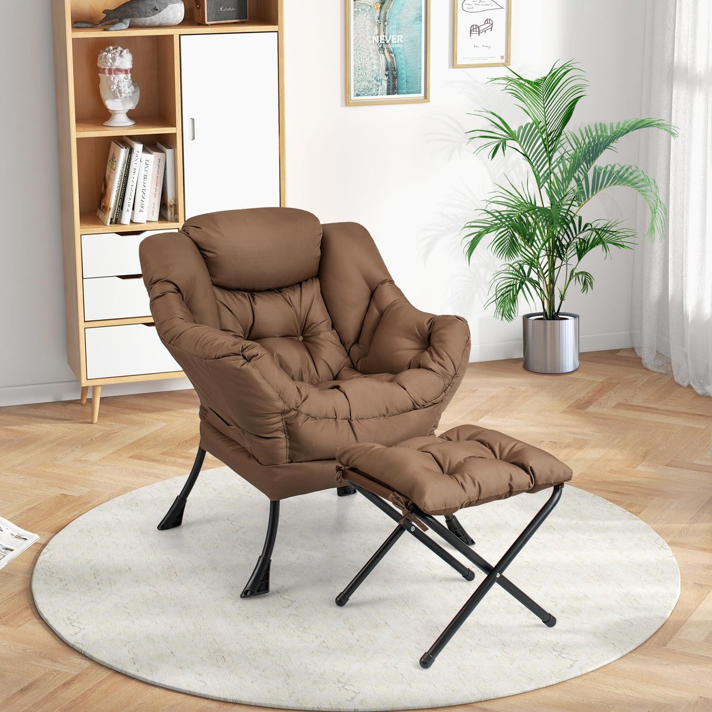 Giantex Lazy Chair with Ottoman, Accent Sofa Chair with Folding Footrest, Side Storage Pocket, Upholstered Leisure Lounge Armchair with Stool for Bedroom, Living Room, Office, Brown