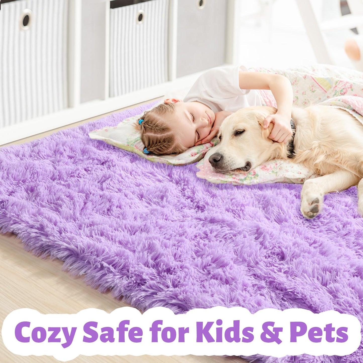Purple Rugs for Bedroom Girls Room Decor Aesthetic, Cute Fluffy Shag Lavender Area Rug 4x6 for Living Room Dorm Classroom Nursery, Furry Plush Fuzzy Soft Throw Lilac Carpet for Kids, Baby, Teen