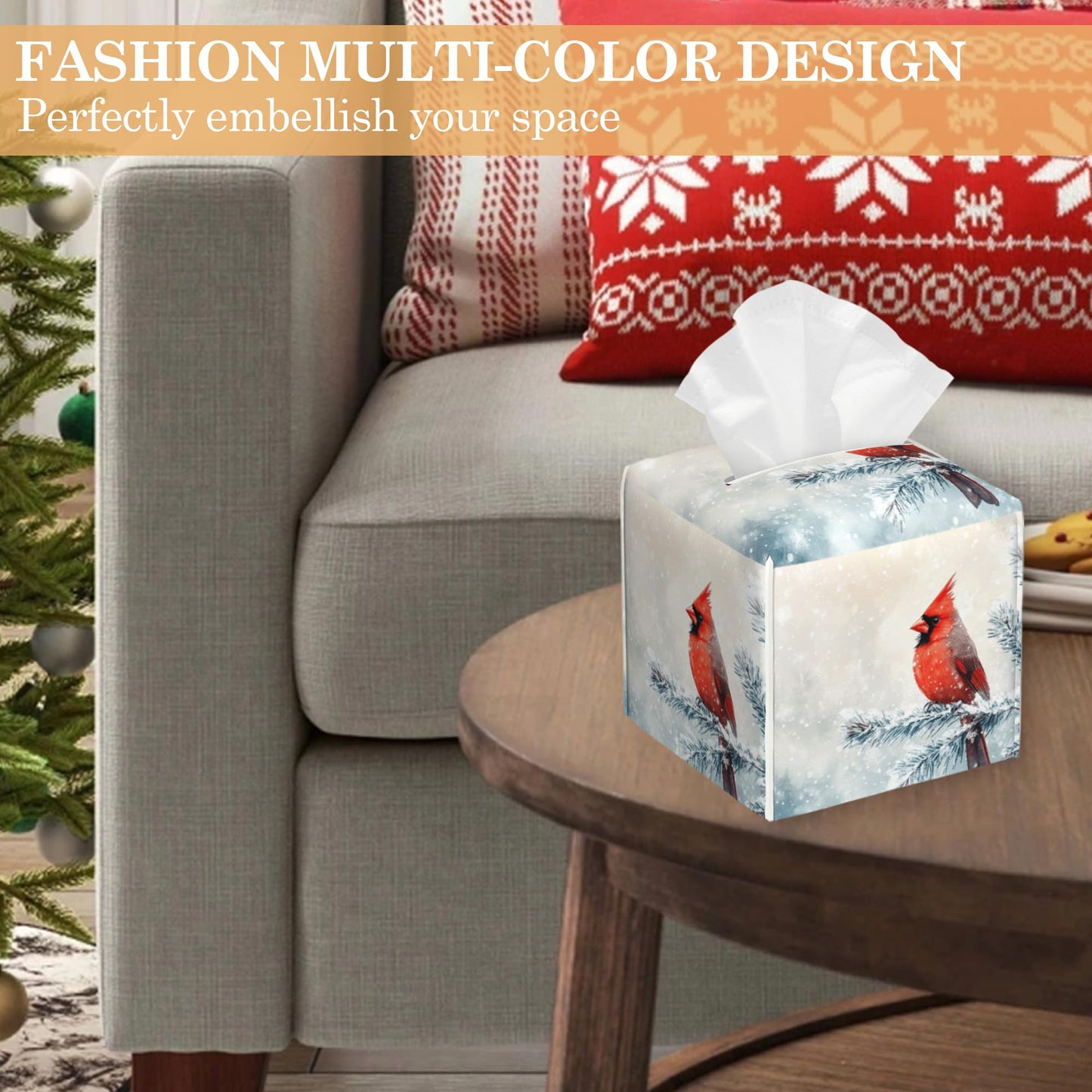 Leather Tissue Box Holder Winter Cardinal Bird Tissue Box Cover Square Waterproof Holder Organizer Modern Napkin Holder for Bedroom Dresser Night Stand Office Desk