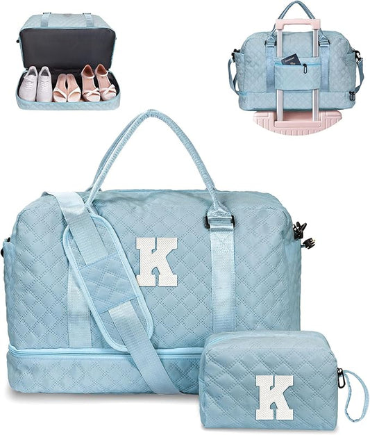 Voguewood Girl Duffle Bag for Tweens with Shoe Compartment, Monogrammed Overnight Travel Bag for Women, Including Wet Pocket & Trolley Sleeve (Letter K)
