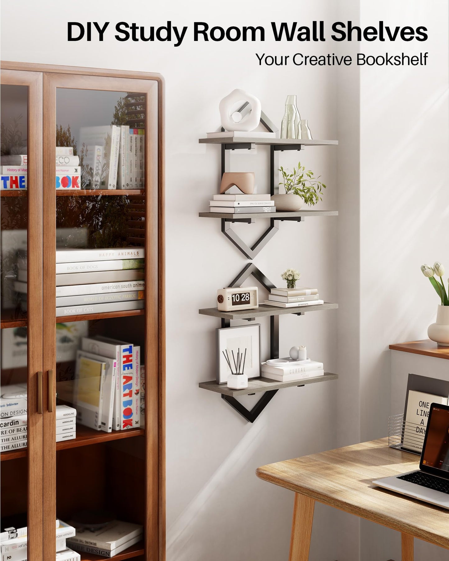 Forjarn Floating Shelves, Set of 2 Wall Shelf, Wall Mounted Decorative Shelves, 2-Tier Modern Geometric Hanging Storage Shelf for Living Room, Bedroom, Kitchen, Office, Study (Greige + Black)