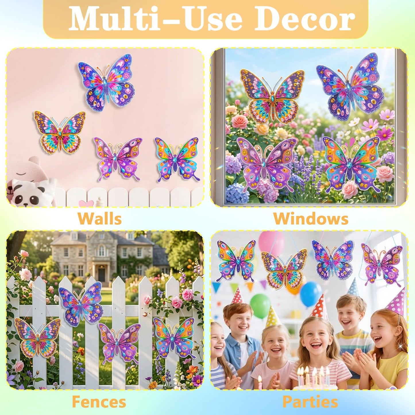 LCOZX 4 Pack Butterfly Diamond Art Window & Wall Art Kit, DIY Gem Art Suncatcher Crafts for Kids Ages 6-12, Birthday Gifts for Girls, Bedroom, Cabinet & Glass Decor