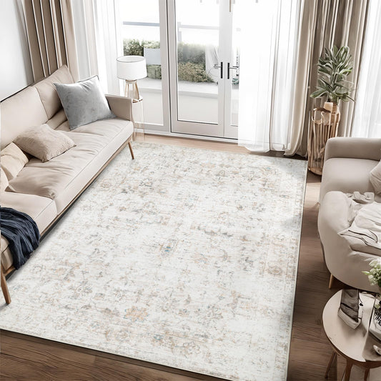 Dotiiorug Washable 5×7 Area Rug for Living Room, Vintage Floral Rug Soft Non Slip Stain Resistant Boho Carpet for Bedroom Dinning Room Home Office Beige
