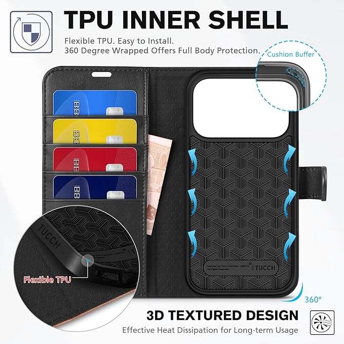 TUCCH Wallet Case for iPhone 17 Pro (6.3") 2025, RFID Blocking 4 Card Slots, Kickstand, Shockproof TPU Shell, PU Leather, Magnetic Closure, Protective Flip Folio Cover, Black & Brown