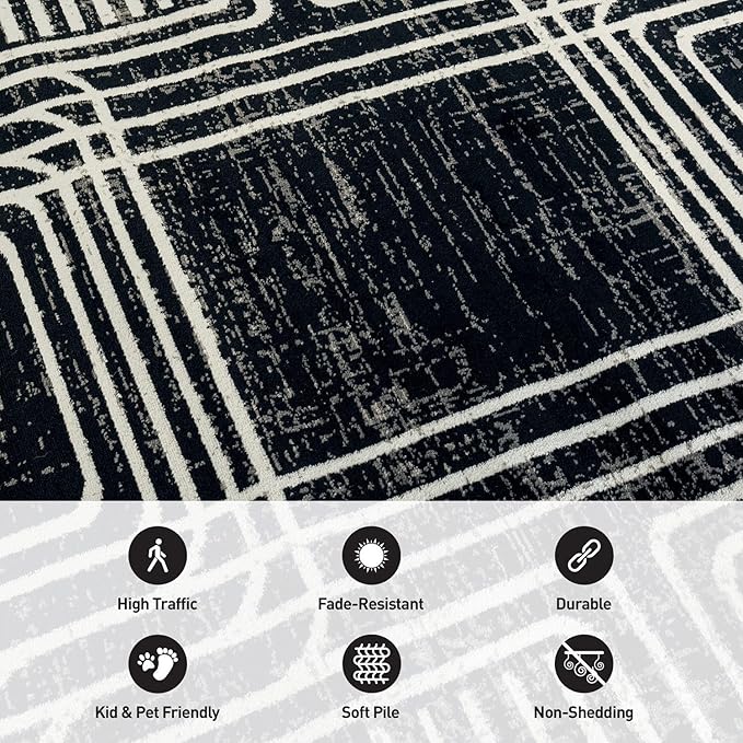 Rugshop Black and White Geometric Area Rug – Abstract Curved Line and Square Pattern Carpet for Living Room, Bedroom, or Office – Contemporary Soft Floor Décor 7' 10" x 10' Black