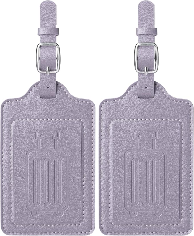 Teskyer Luggage Tags for Suitcases, TSA Approved with Privacy Protection Cover, Premium Faux Leather Bag Tags for Travel - 2 Pack, Purple